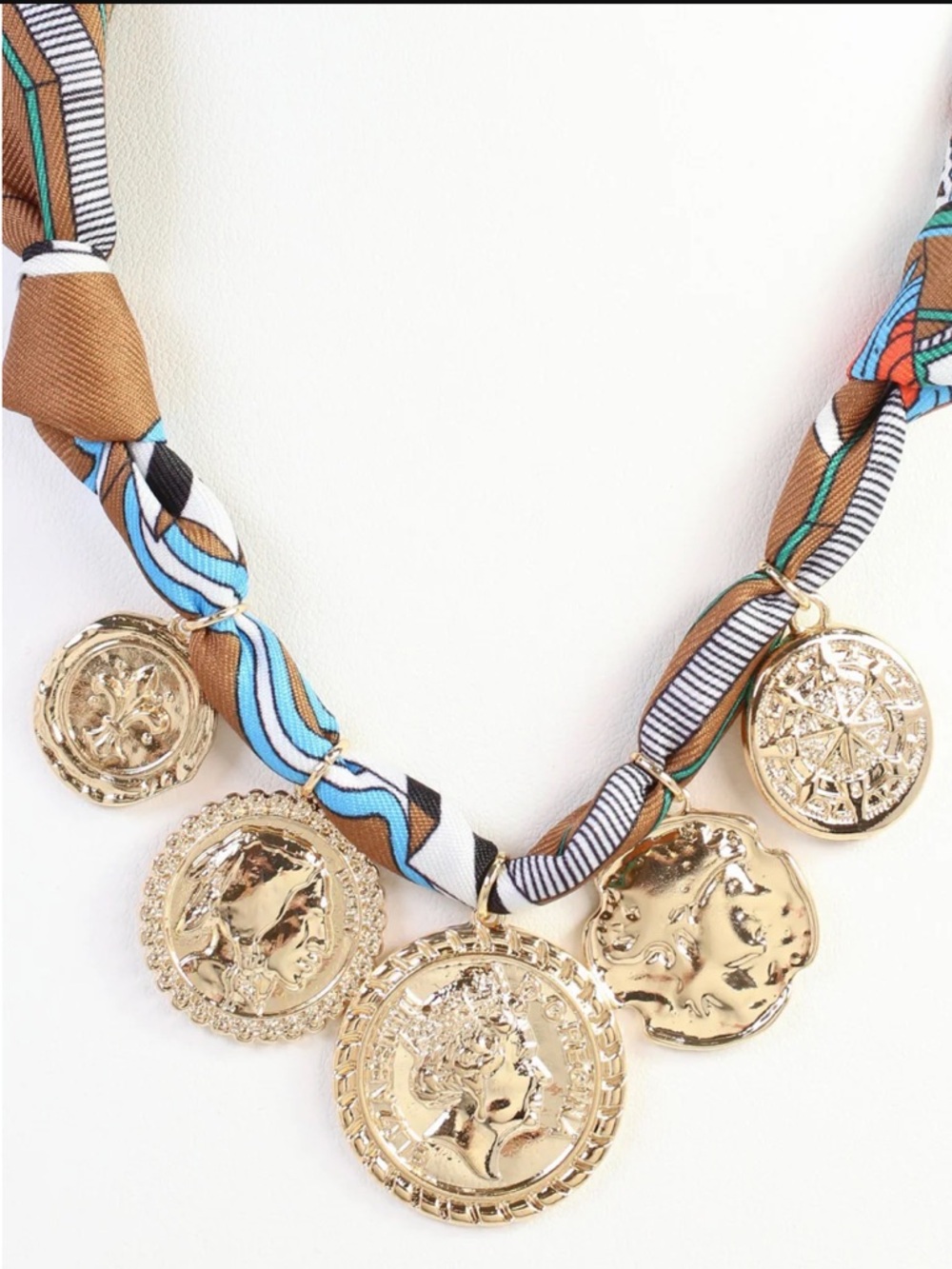 ShopEvelynne Gold Coin Necklace with Brown and Blue Fabric